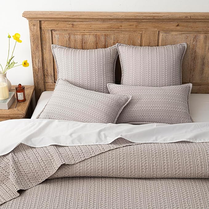 Foindtower Set of 2 Decorative Cotton Waffle Weave Throw Pillow Covers Euro Shams Cushion Covers Accent European Pillowcase for Bed Couch Sofa Bedroom Living Room Home Decor 26×26 Inch Tan Beige
