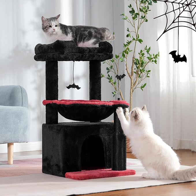 Cat Tree 32” Small Cat Tower with Large Hammock 16”& Self Groomer | Gothic Cat Tree with Hammock 16” Dia, Removable Bed, Scratching Post & Self Groomer Small Cat Tree for Indoor & Adult Cats