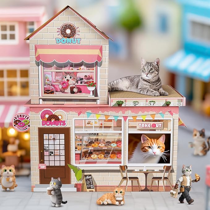 Cardboard Cat Houses for Indoor Cats Kitten Scratcher Houses Donuts Themed | Cat Condos Hut Hideout Play House Bed with Scratching Pads, Scratch Box for Large Kitty Rabbit Bunny Small Animals