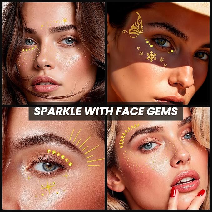 30PCS Glitter Freckles Face Tattoos & Face Gems Set, Classic Gold Glitter Temporary Tattoos Makeup Patches, Fake Freckles Face Glitter for Women’s Rave Outfits & Accessories