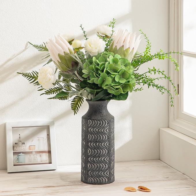 Black Ceramic Vase, 11 Inch Tall Vintage Flower Vase for Decor | Decorative Cylinder Vase Adds Farmhouse Charm to Centerpieces, Table, Shelf, Living Room,Bedroom