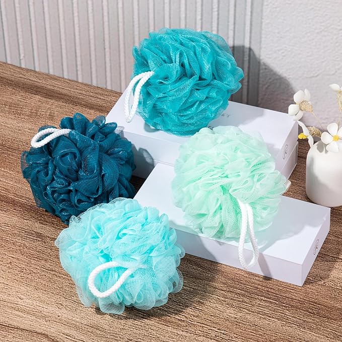 MTDLYICE Loofah for Women 75g 4 Pack, Bath Sponge Soft Mesh Shower Puff Loofah Sponge, Exfoliating Body Scrubber, lufas for Women, Shower Accessories (Blue)