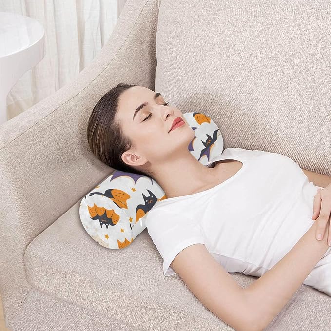 White Halloween Bats and Stars Neck Roll Pillow Bolster Round Health Memory Foam Long Cervical Cylinder Pillows with Removable Washable Cover for Body Bed Legs Back Yoga