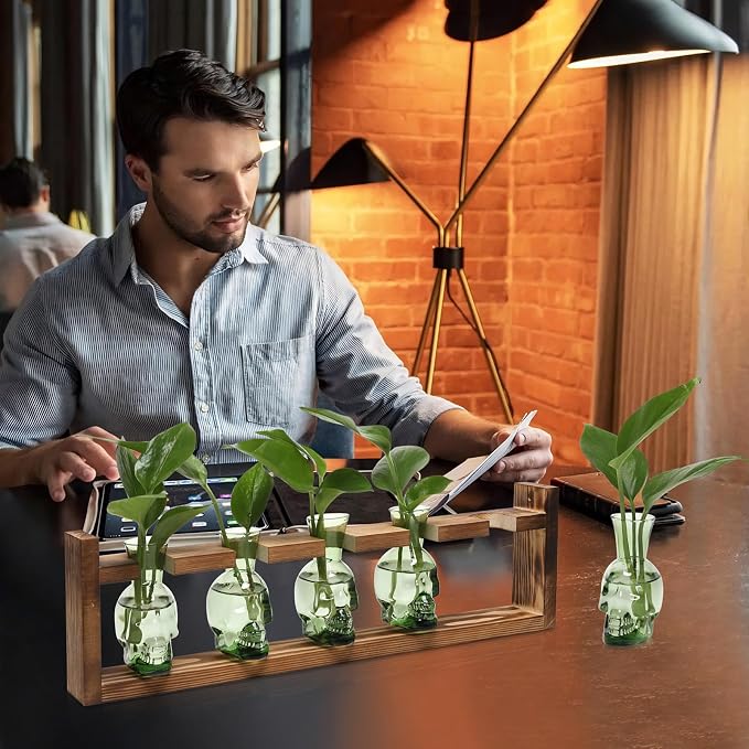 Plant Terrarium Propagation Stations Halloween Skull Planter Vase Skulls | decor With Wooden Stand Gife for Father - 5 Vases