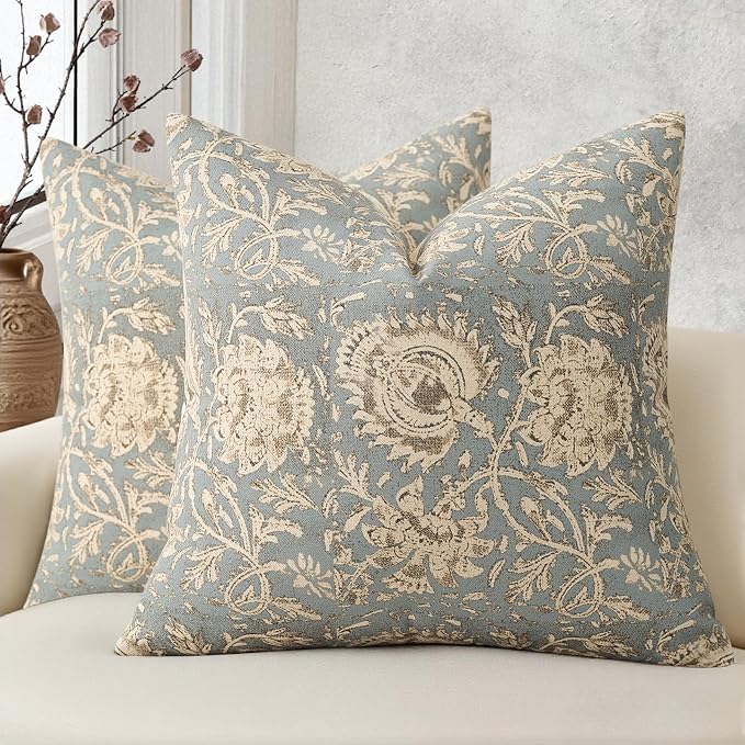 Vintage Floral Print Throw Pillow Covers 26x26 Set of 2 Neutral Modern Farmhouse Pillowcases Accent Decorative Cushion Covers Boho Home Decor for Couch Sofa Chair Bed Living Room, Sky Blue