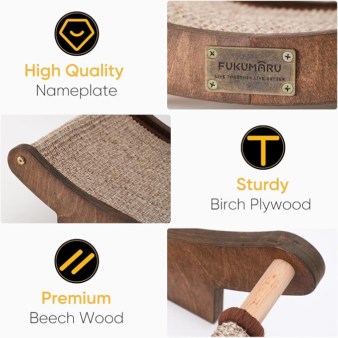 FUKUMARU Sisal Cat Scratcher Bed, Solid Wood Cat Hammock for Indoor Cats | 23.6 Inch Durable Scratching Bed, Large Cat Scratch Pad, Natural Sisal Hammock, Cat Lounger Scratcher for Sleeping (Brown)