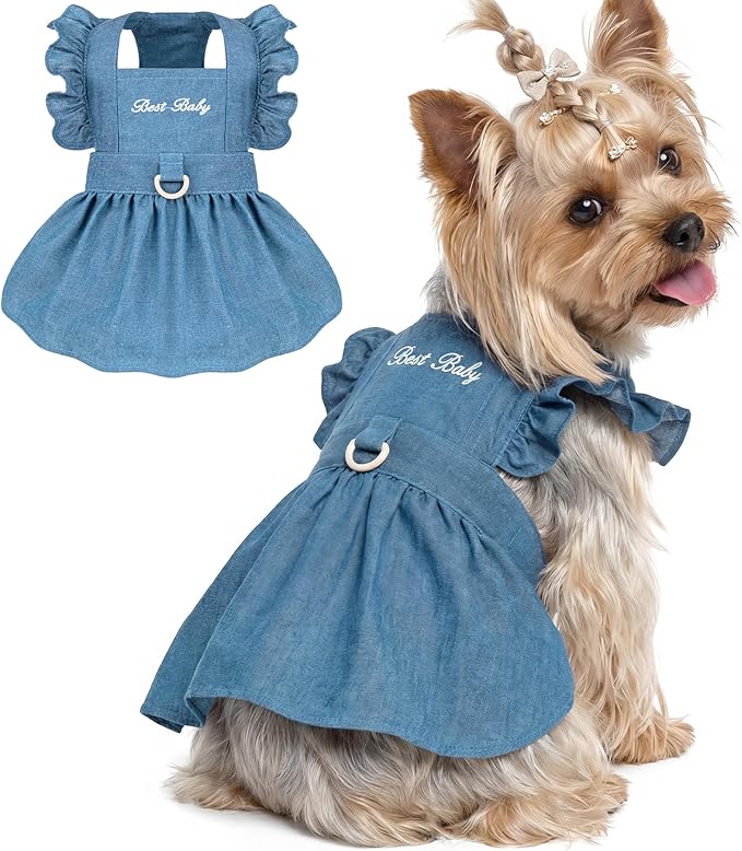 Denim Cat Dog Dress Clothes for Small Dogs with Leash Ring Summer Girl Small Dog Clothes Outfit Belly Velcro Fastening Cat Outfits&Apparel for Girl