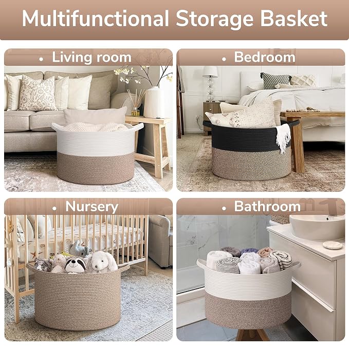 Goodpick 65L Large Storage Basket, Cotton Rope Toy Storage for Kids 65L | 19.7 x 19.7 x 12.6 In Woven Basket for Storage, Kids Toy Storage for Playroom, Laundry Basket for Towels, Black & Mix Jute