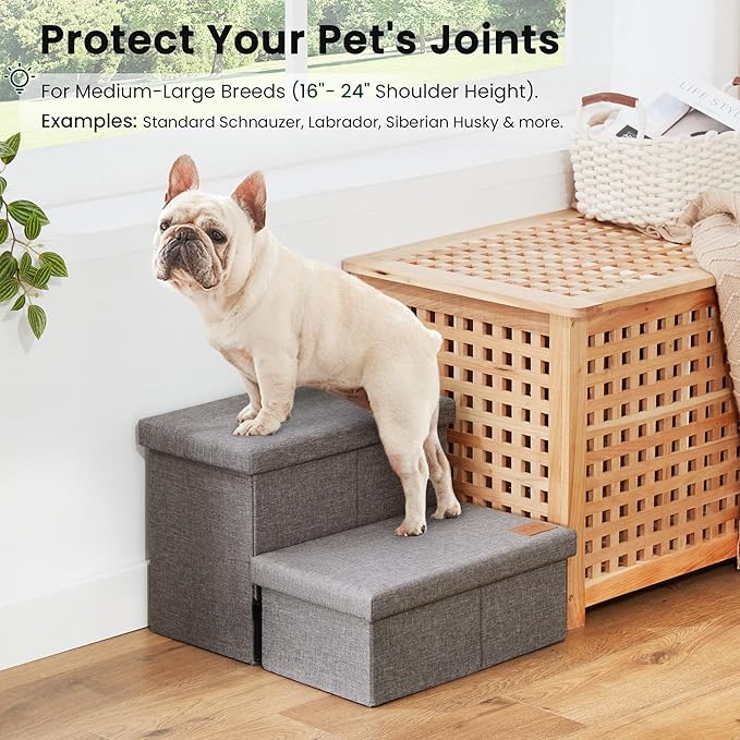 Love's cabin Dog Stairs for High Bed, Foldable Pet Stairs for Small Medium or Large Dogs Puppy with Storage for Bed or Couch, Cat Dog Steps Ramp with Zip up to 200 lbs, Solid Grey, 2 Steps