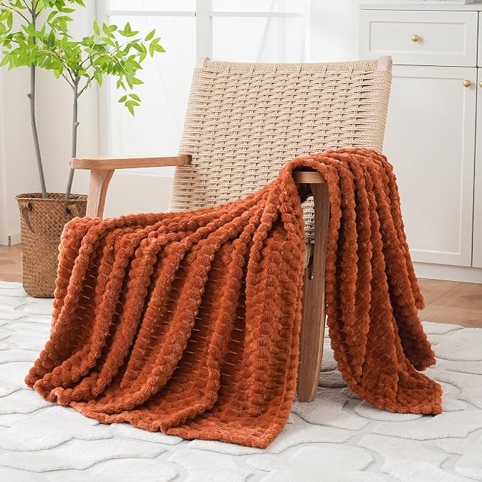 Puncuntex Burnt Orange Throw Blanket 108"×90" Fuzzy 3D Jacquard Decorative | Flannel Fleece Super Soft Plush Cozy Blanket for Couch Sofa Chair Lightweight