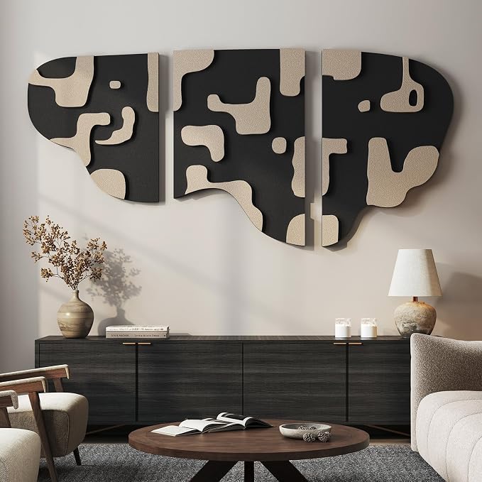 Large 3D Textured Modern Abstract Wall Art Decor for Living Room, 3 Piece Black and Beige Minimalist Artwork for Walls, Geometric Sandstone Texture Wall Decor for Hallway, Bedroom, Office, 24x36