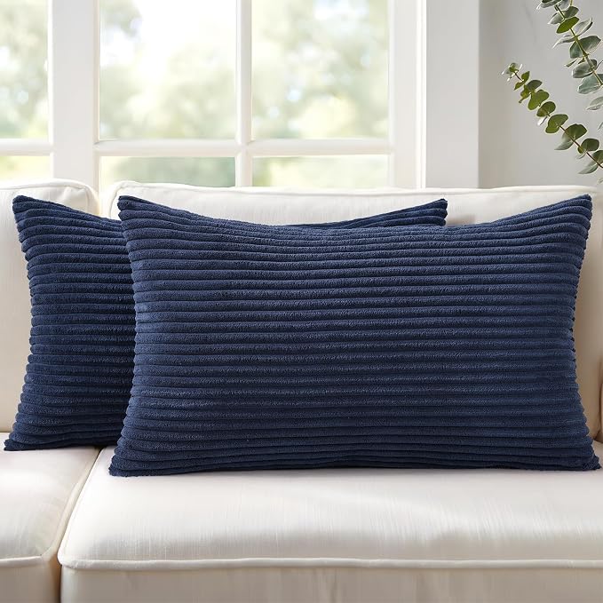 Mecatny Corduroy Decorative Throw Pillow Covers 12x20 Set of 2 Deep Blue | Soft Striped Texture, Hidden Zipper Design, Neutral Boho Lumbar Pillow Cases for Sofa Couch Living Room Bedroom, Home Décor
