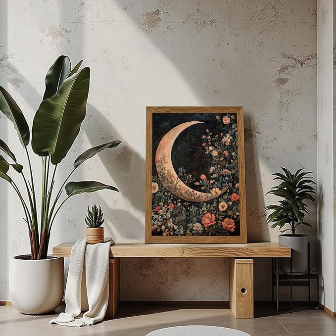 JLTULT Floral Moon Wall Art, Gothic Botanical Framed Canvas, 16 x 24 In | Dark floral moon art on fade-resistant canvas with a ready-to-hang wood frame for bedrooms, living rooms and bathrooms