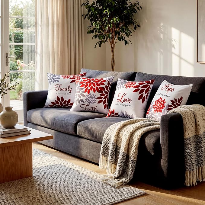 Tatuo 4 Pcs Flower Pillow Covers Square Summer Pillow Cushion Cases 18 x 18 Inch Family Faith Hope Love Words Decorative Spring Winter Cushion Case for Bed Couch Sofa Living Room(Red Series)