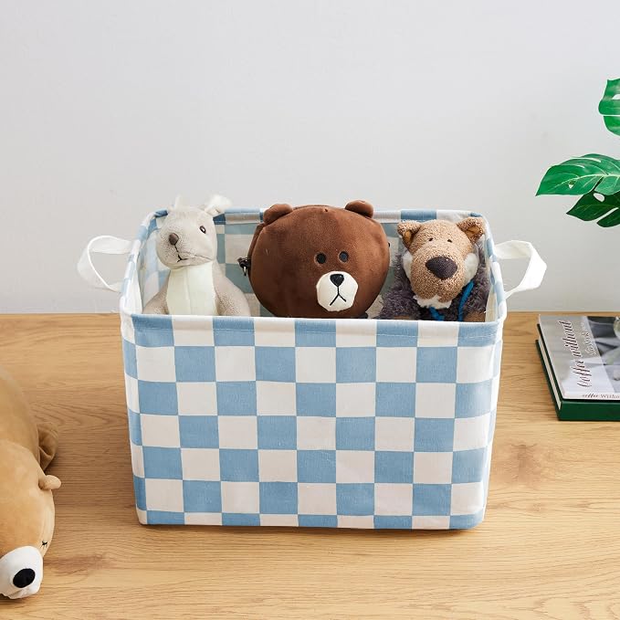Ohocut Blue White Checkered Canvas Basket, Rectangular Organizing Decorative Storage Basket for Kids Dog Toy, Cute Aesthetic Race Cars Boy Room Decor for Home, Kitchen, Bedroom, Classroom, Shelves