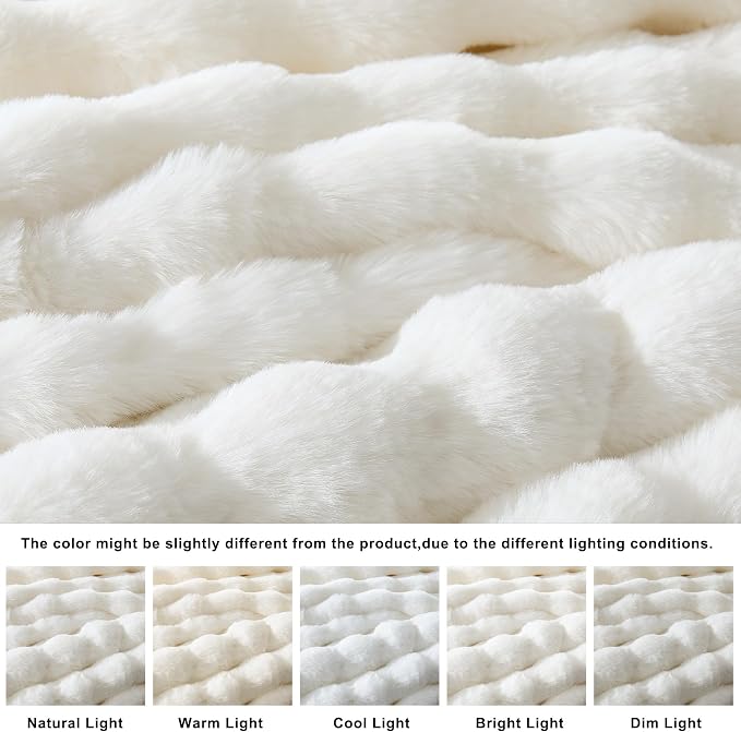 WDCOZY Luxury Ivory Bubble Throw Blanket, Cream White Faux Fur Mink Plush Throw for Couch, Sofa and Bed, Soft Fluffy Fuzzy Furry Cozy Blanket, Thick and Warm, 50x60 inches