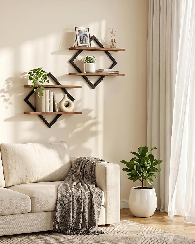 Floating Shelves, Set of 2 Wall Shelves, 2-Tier Hanging Shelves, Wall Shelf Set of 2, Wall Mounted Shelves, for Living Room, Bedroom, Kitchen, Office, Study, Rustic Brown TBJ01P2BF