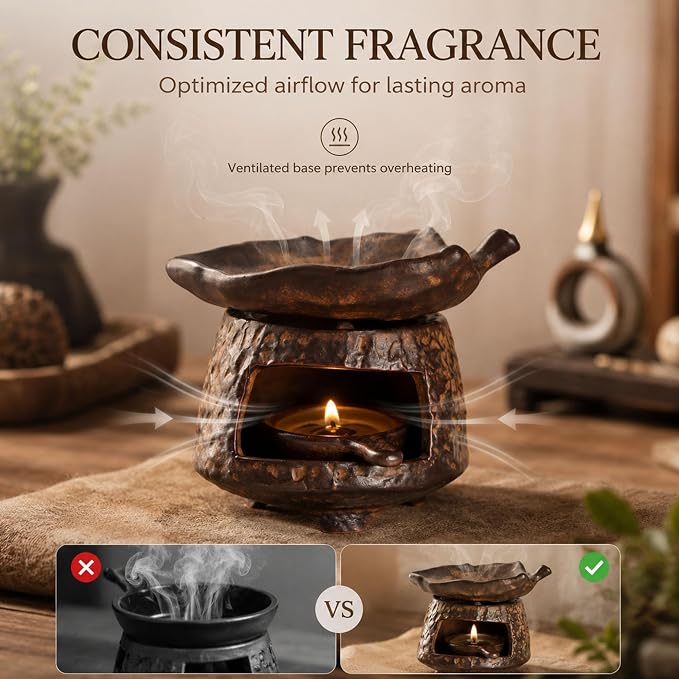Ceramic Essential Oil Burner, Wax Melt Warmer & Palo Santo Holder, Handmade Retro Aromatherapy Burner with Tea Light Candle Holder, Rustic Zen Home Decor Incense Burner