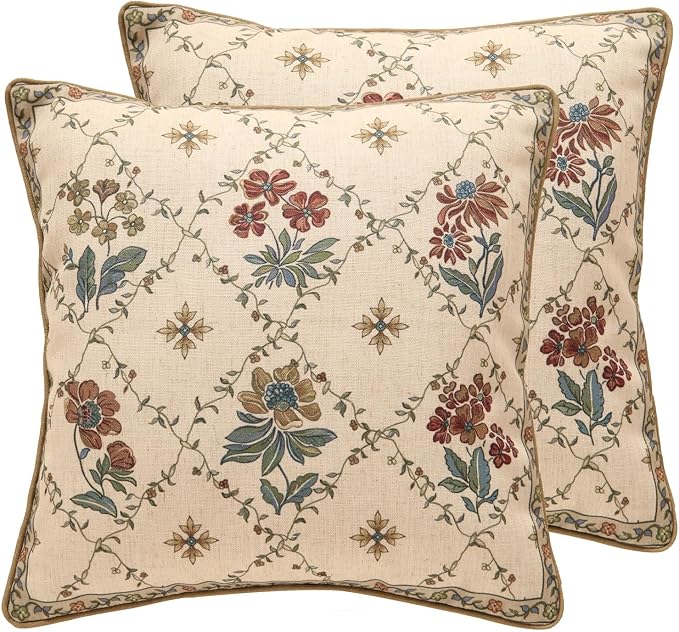 patdrea French Vintage Linen Throw Pillow Cover,18"x18",Set of 2-Audrey A | Decorative Pillow Case with Zipper,Brown Floral Pattern,Pillow Cover for Couch Living Room Bedroom Sofa