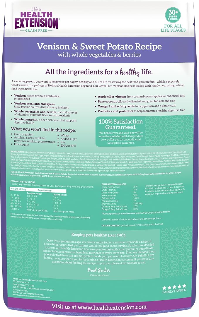 Health Extension Grain Free Venison & Sweet Potato Dry Dog Food - 30+ Superfoods and Probiotics for All Life Stages (23.5 lb)