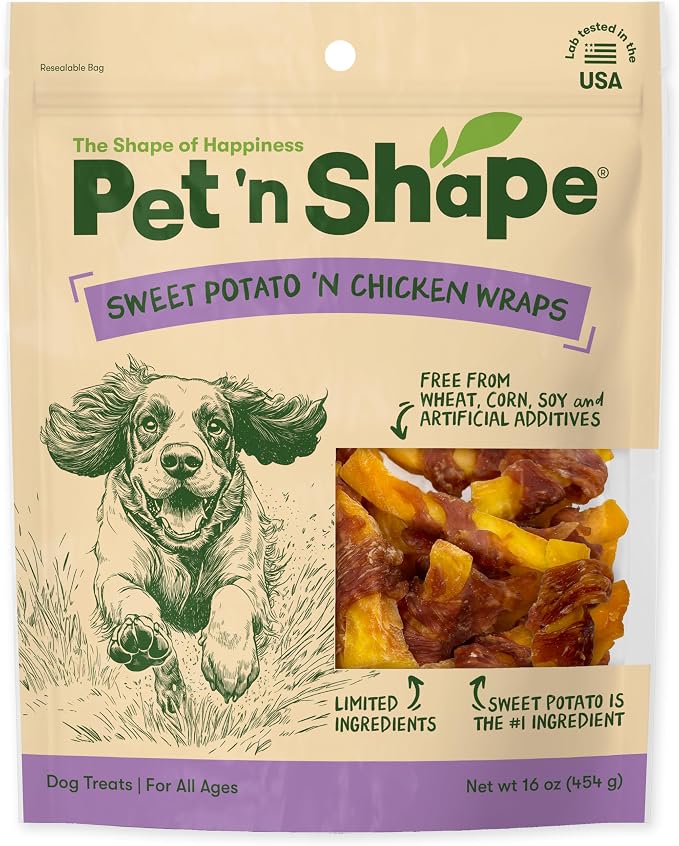 Pet 'n Shape Sweet Potato Chews Jerky Dog Treats - 1 Pound | Premium chicken breast, Sweet potato recipe, Limited ingredients, Wheat and soy free, Bite-sized snack, For all life stages