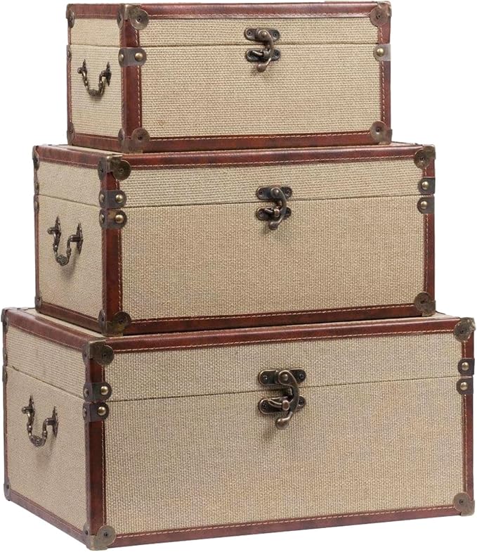 Farmhouse Decorative Storage Trunks Set of 3 Linen and Wood Boho Vintage Boxes with Metal Handles and Clasp, Rustic Wooden Keepsake Chests for Living Room, Entryway & Bedroom Organization