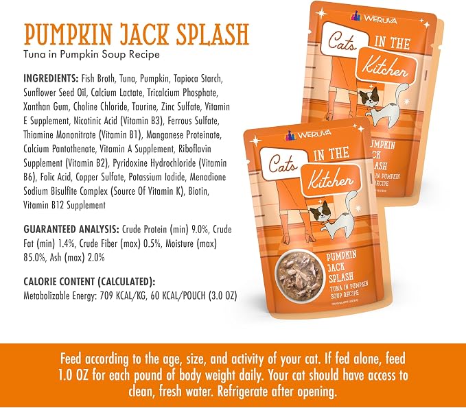 Weruva Cats in the Kitchen, Pumpkin Jack Splash with Tuna in Pumpkin Soup Cat Food, 3oz Pouch (Pack of 12)