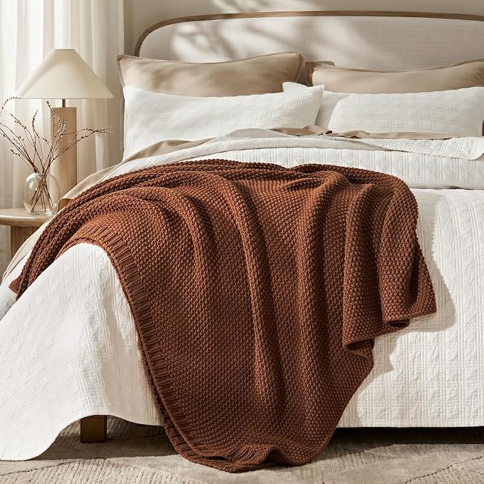 Organic Cotton Chunky Knit Throw Blanket, 60 x 80 Terracotta | OCS Certified Organic Cotton, Seed Stitch Knit, Soft & Breathable, Cozy Midweight, Decorative Throw for Couch, Bed & Sofa