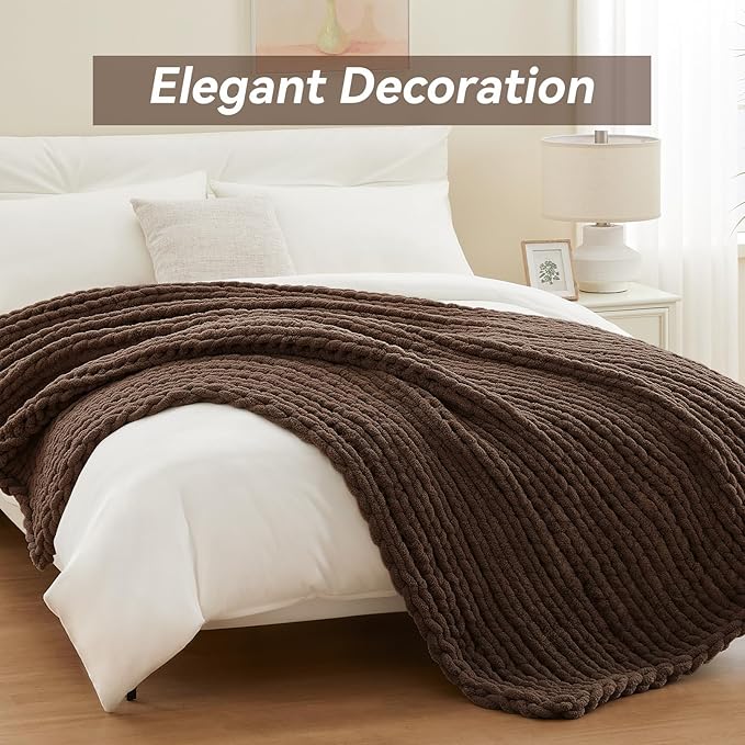 Negwoo Chunky Knit Throw Blanket, Knitted Throw Chenille Yarn, 50"*60" | Soft Thick Cable Knitted Blankets, Handmade Big Thick Blanket, Machine Washable Cute Comfy Blanket for Home Decor, Dark brown