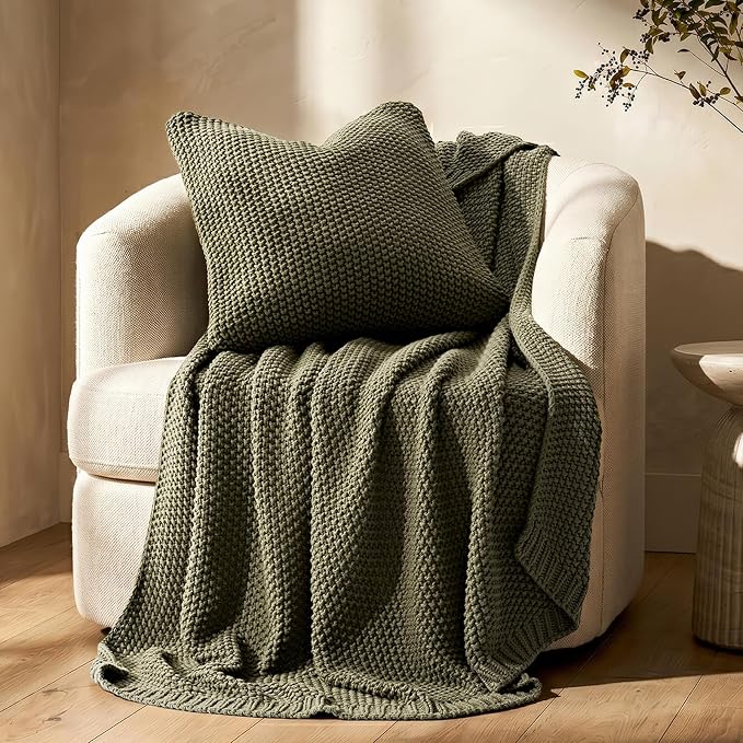 Organic Cotton Chunky Knit Throw Blanket, 60 x 80 Olive Green | OCS Certified Organic Cotton, Seed Stitch Knit, Soft & Breathable, Cozy Midweight, Decorative Throw for Couch, Bed & Sofa