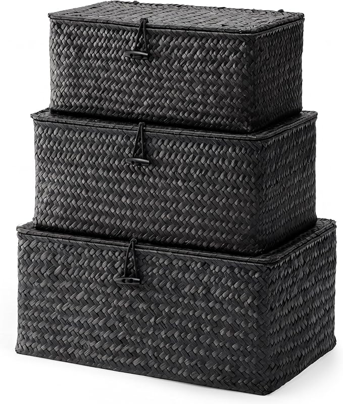 Nonam Storage Basket with Lid, Natural Seagrass Bin with Lid Set of 3, Shelf Baskets Multipurpose Container for Boho Decoration, Rectangular Household Storage Boxes for Home Organization-Black