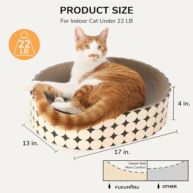 FUKUMARU Cardboard Cat Scratcher Bed, 2-in-1 Oval Cat Scratch Pad | Cats Scratching Board Lounge Bed Indoor, Durable Modern Kitty Scratcher Bowl, Cats Scratch Furniture Protector, Polka Dot