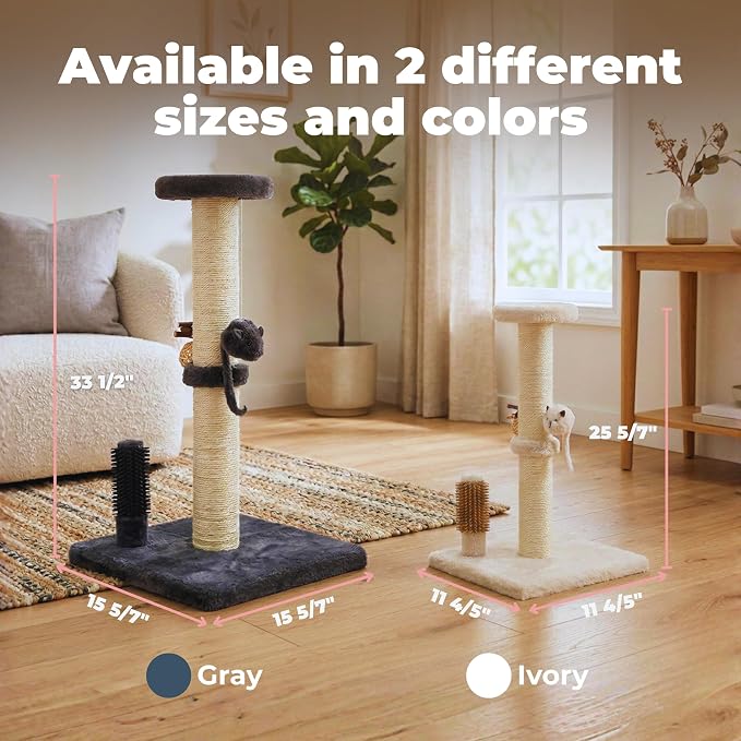 Best Pet Supplies Catify Cat Scratching Post - Beige H: 25" | 11" x 11" x 25", Interactive Cat Pole, Built-In Toys, Durable Sisal, Furniture Protector, For Indoor Kittens and Cats
