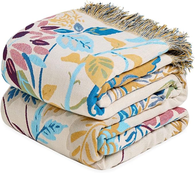 LUTBM Boho Throw Blanket for Couch 50"x60", Cotton Decorative Bed Throw | Reversible Floral Leaves Jacquard, All-Season Lightweight Breathable Blankets, For Chair Sofa Bedroom Living Room