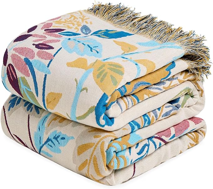 LUTBM Boho Throw Blanket for Bed 60"x80", All Season Cotton Couch Blankets | Reversible Floral Leaves Jacquard, All-Season Twin Lightweight Breathable Quilt, For Chair Sofa Bedroom Living Room Decor