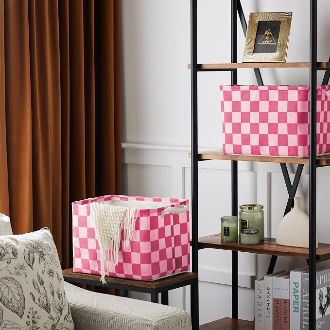 Hot Pink Coral Checkered Canvas Basket, Rectangular Organizing Decorative Storage Basket for Kids Dog Toy, Cute Aesthetic Race Cars Boy Room Decor for Home, Kitchen, Bedroom, Classroom, Shelves