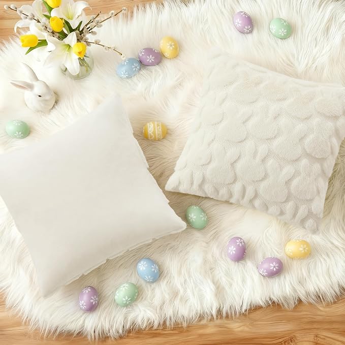 decorUhome Cream White Faux Fur Bunny Throw Pillow Covers 16x16 Set of 2 | Plush Soft Wool Jacquard Cream White Rabbit Cushion Covers, Modern Farmhouse Easter Holiday Decor PillowCases for Sofa Bed