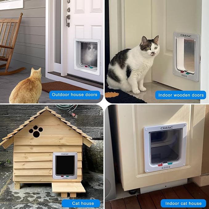CEESC Cat Flap Door Magnetic Pet Door with 4 Way Lock for Cats, Kitties and Kittens, 3 Sizes and 2 Colors Options (M- Inner Size: 6.18"(W) x 6.30"(H), White)