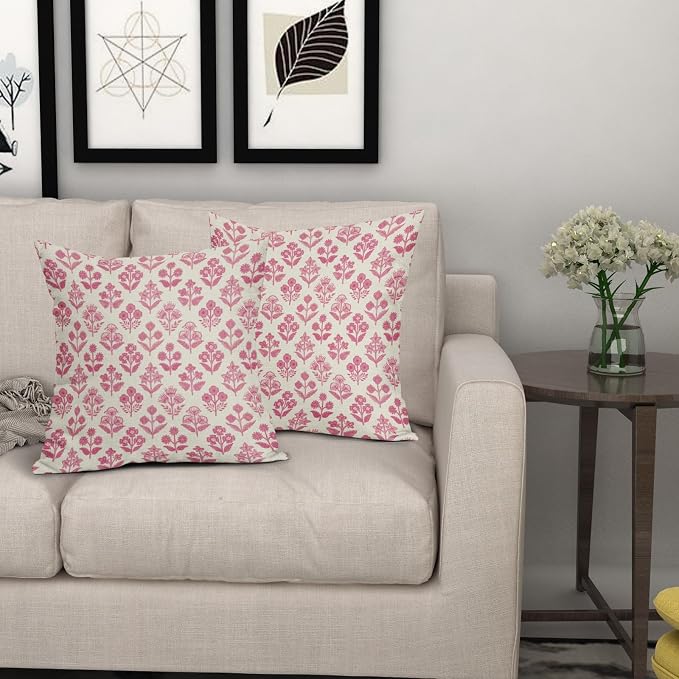 Hot Pink Floral Pillow Covers 24x24 Inch Set of 2, Vintage Flower Block Print Pattern Decorative Throw Pillowcases Outdoor Farmhouse Cushion Covers Spring Summer Rustic Sofa Couch Bed Decor