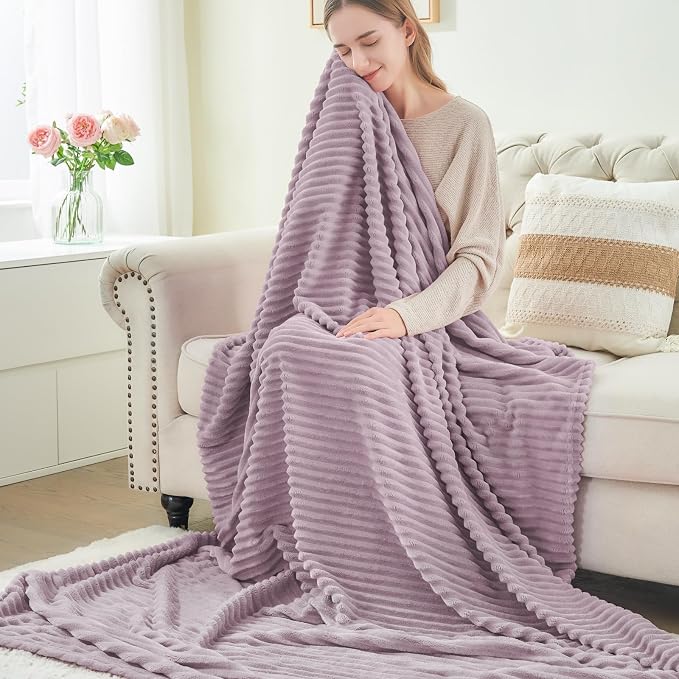 BEDELITE 3D Ribbed Dusky Violet Fleece Throw Blanket for Couch, 50x60 Inch | Soft Warm Decorative Fluffy Blanket, Cozy Plush Lightweight Fuzzy Throw Blanket for Bed Sofa Home Room Decor, Gift for Women