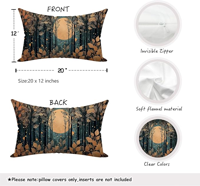 Rustic William Morris Style Gold Moon Pillow Covers 20x12,Vintage Black and Gold Forest Moon Botanical Nature Landscape Decorative Throw Pillow Covers for Home Bedroom Living Room