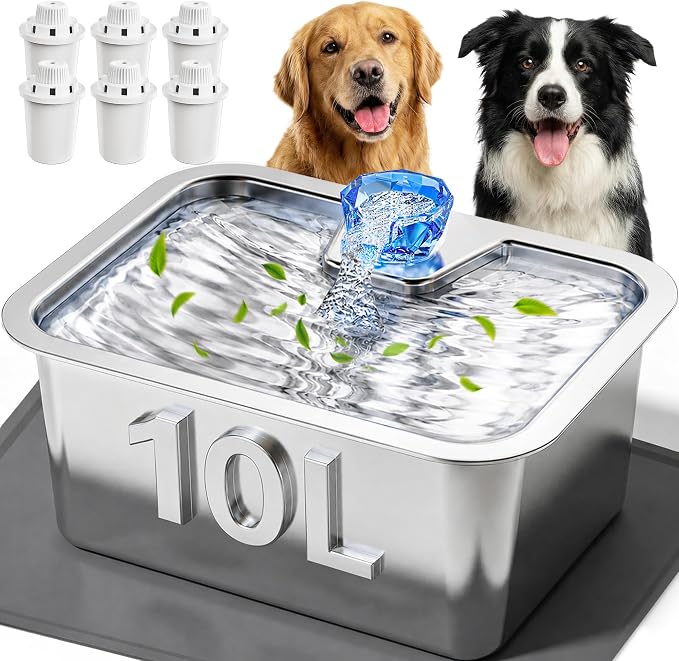 10L (2.64 Gallon) Dog Water Fountain with Silicone Mat, Stainless Steel Pet Water Dispenser with 6 Filters, Quiet Automatic Water Bowl for Large Dogs and Multi-Pet Homes, Easy to Clean