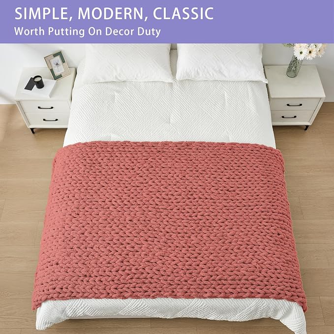 Bigacogo Chunky Knit Throw Blanket for Couch, 40x80 inches, Antique Red | Hand Knit with Jumbo Chenille, Soft Breathable Cable Knit for Sofa Bed Living Room, Machine Washable, Gift for Mom Friend