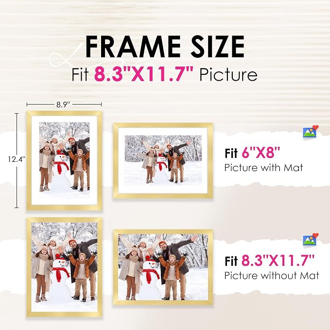 A4 Picture Frame Set of 2, Gold Photo Frame with HD Plexiglass, Display Pictures 6x8 with Mat or 8.3x11.7 Without Mat Multi Picture Frames Collage for Tabletop or Wall Display