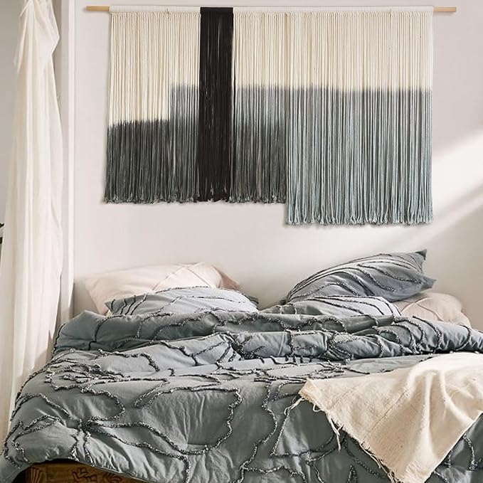 Macrame Wall Hanging Grey Dip Dye Large Boho Fiber Wall Art Decor 57"W*35"L | Neutral Wall Hanging, Handmade Yarn Art, Textured Fiber Decor, for Bedroom Wall Accent, Farmhouse Interior Style