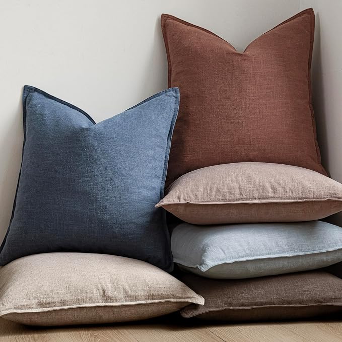 Foindtower Pack of 2, Decorative Linen Solid Throw Pillow Covers Soft Accent Euro Cushion Case Boho Farmhouse Pillowcase for Chair Couch Sofa Bedroom Living Room Home Decor 24 x 24 Inch Rust Red