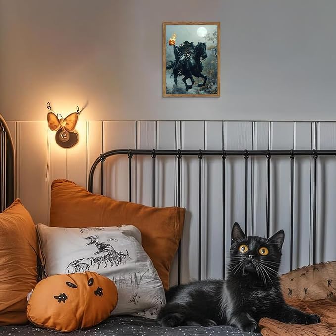 Vintage Framed Halloween Wall Art, Gothic Headless Horseman Pumpkin Picture Poster, Spooky Fall Forest Canvas Prints, Dark Academia Halloween Wall Decor for Living Room Bedroom 8x10 inch