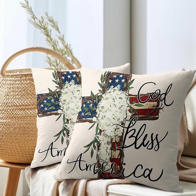 God Bless America Stars Stripes Pillow Covers 24X24 Inch Set of 2 4th of July Patriotic Floral Decorative Pillow Cases Independence Memorial Day Cushion Case Holiday Home Decor for Sofa Couch Bed