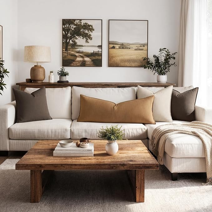 MIULEE Decorative Linen Lumbar Pillow Cover 14x36 Inch Brown | Fall Autumn Boho Farmhouse Couch Long Throw Pillow for Bed, Pack of 1 Accent Modern Pillowcase, Sofa Livingroom Home Decor