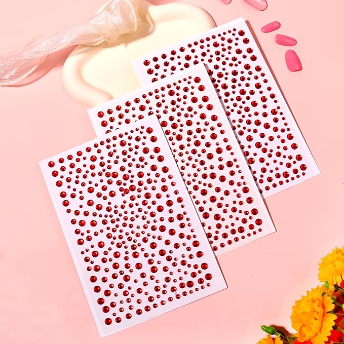 975Pcs Face Gems Hair Gems, Self-Adhesive Face Jewels Eye Jewels Rhinestones 3/4/5/6 mm DIY Face Gems Stick on, Hair Body Rhinestones Gems Crystals Pearls for Face Makeup, Crafts (gem_red)